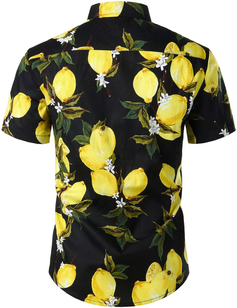 JOGAL Men's Cotton Button Down Short Sleeve Hawaiian Shirt Black Yellow X-Large - Image 2